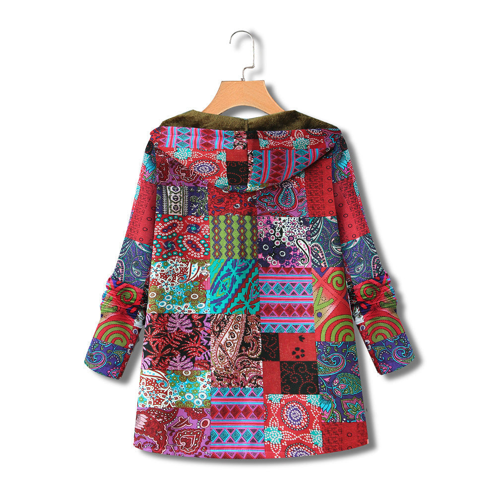 Printed cotton linen Hooded Coat zipper Limorista