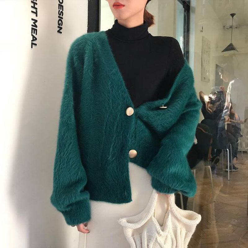 Limorista - V-Neck Knitted Cardigan Button Mink Like Coat