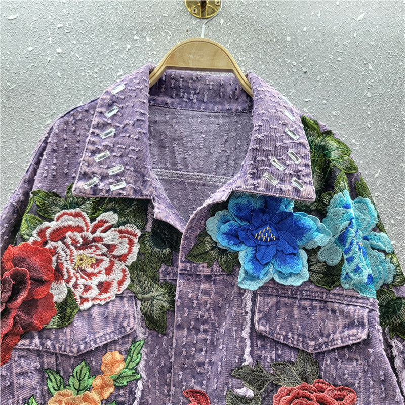 Design Sense Heavy Industry Three-dimensional Flower Short Frayed Hem Casual Denim Coat Limorista
