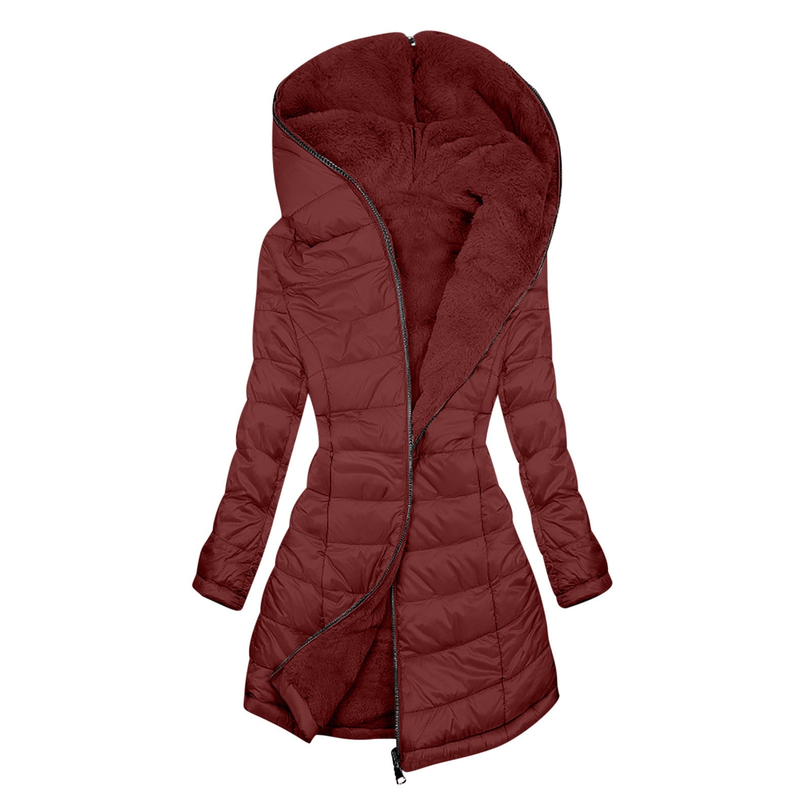 European And American Zipper Outer Wear Hooded Warm Fleece-lined Mid-length Winter Women&