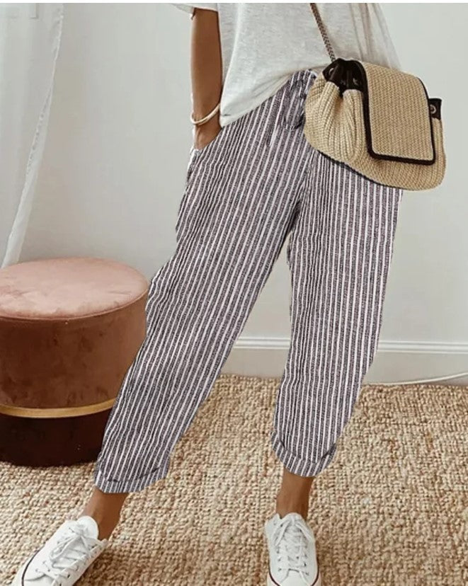 Summer Stripes Casual Pants Loose Elastic Waist Women Limorista