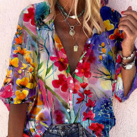 Fashion V-neck 3d Floral Printed Long-sleeved Top Limorista