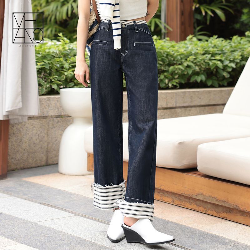 Striped Wide-leg Jeans For Women, Cuffed, High-end Design, Loose High-waist Straight Limorista