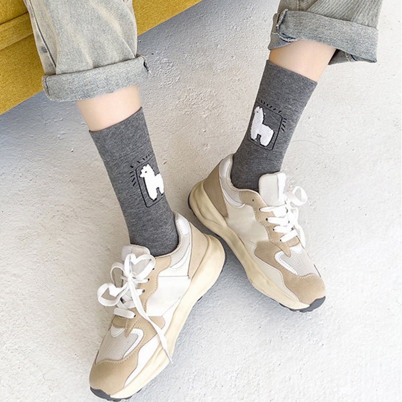 Spring And Autumn Tube Socks Cute Cartoon Black White Gray Alpaca Socks Limorista