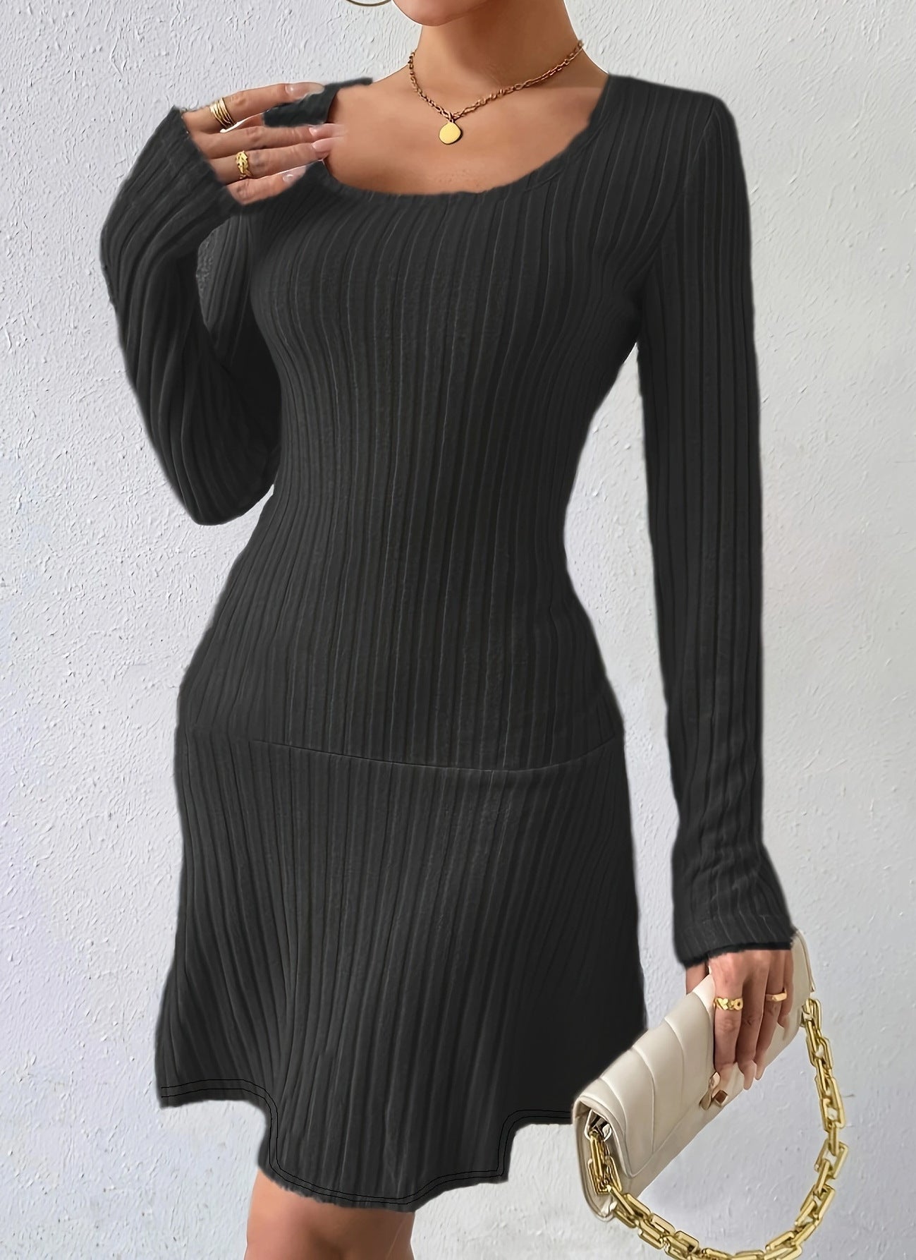 Fashion Solid Color Waist Tight Long Sleeve Dress Limorista