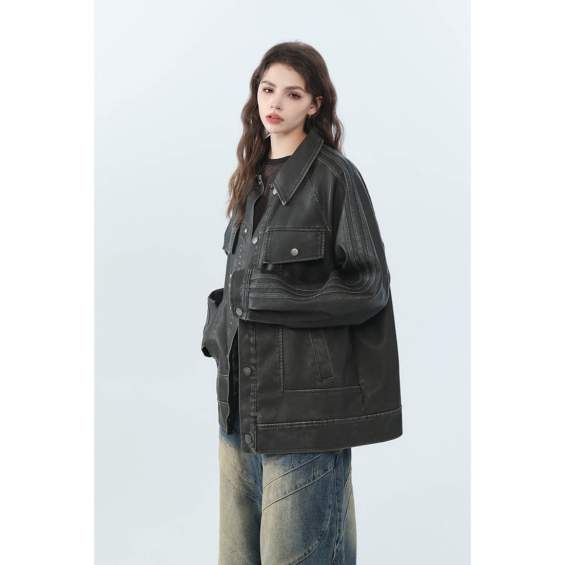 American Retro Distressed Lapel PU Leather For Men And Women Biker&