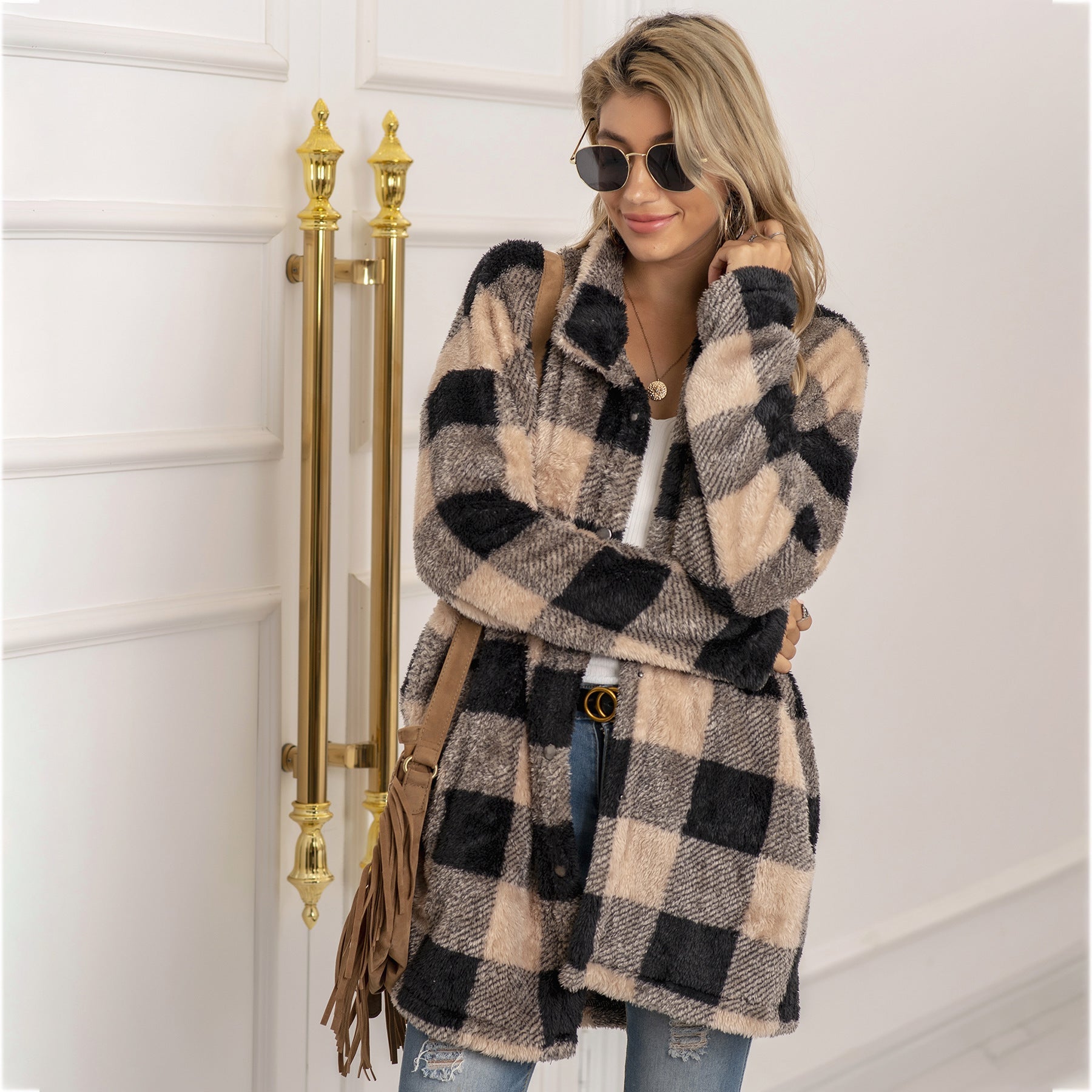 Contrast plaid long coat Limorista