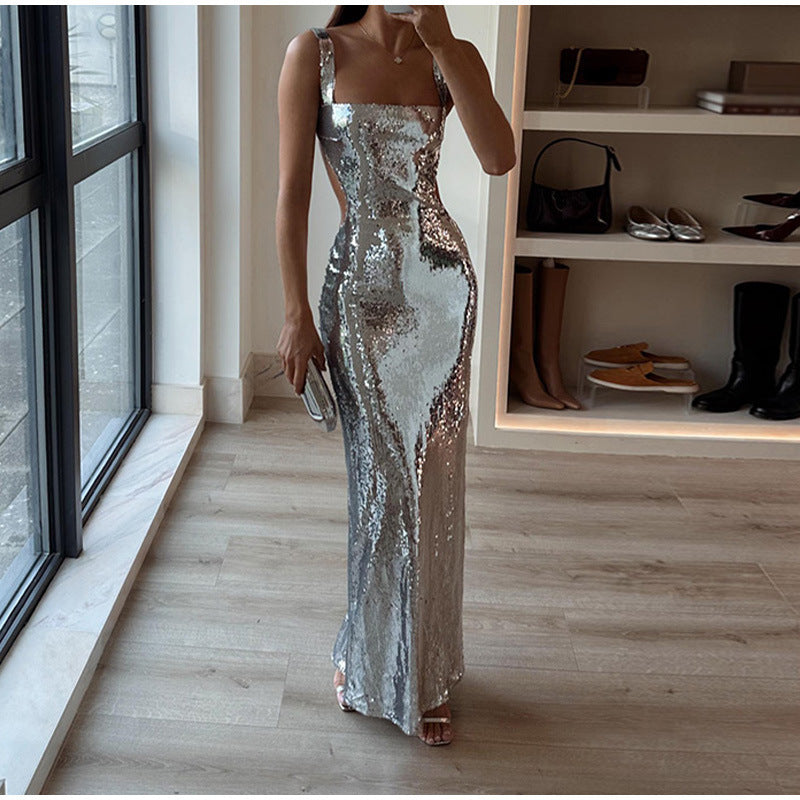 Sequin Sling Square Collar Backless Dress Dress Skirt Limorista