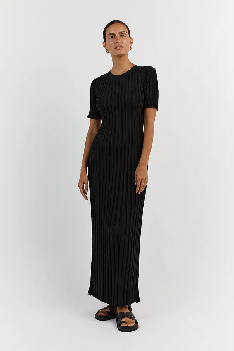 Knit Casual Tight Waist Round Neck Big Pit Stripe Slimming Knitted Long Dress Limorista