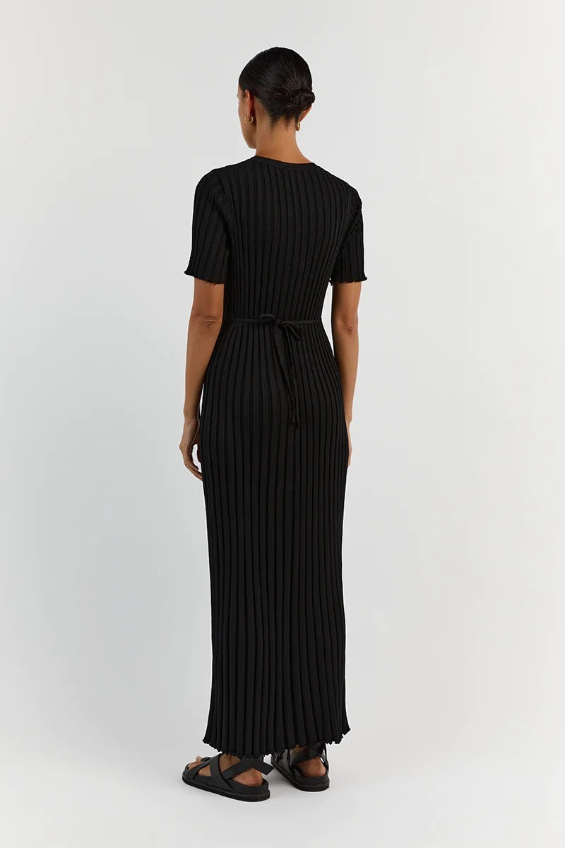 Knit Casual Tight Waist Round Neck Big Pit Stripe Slimming Knitted Long Dress Limorista