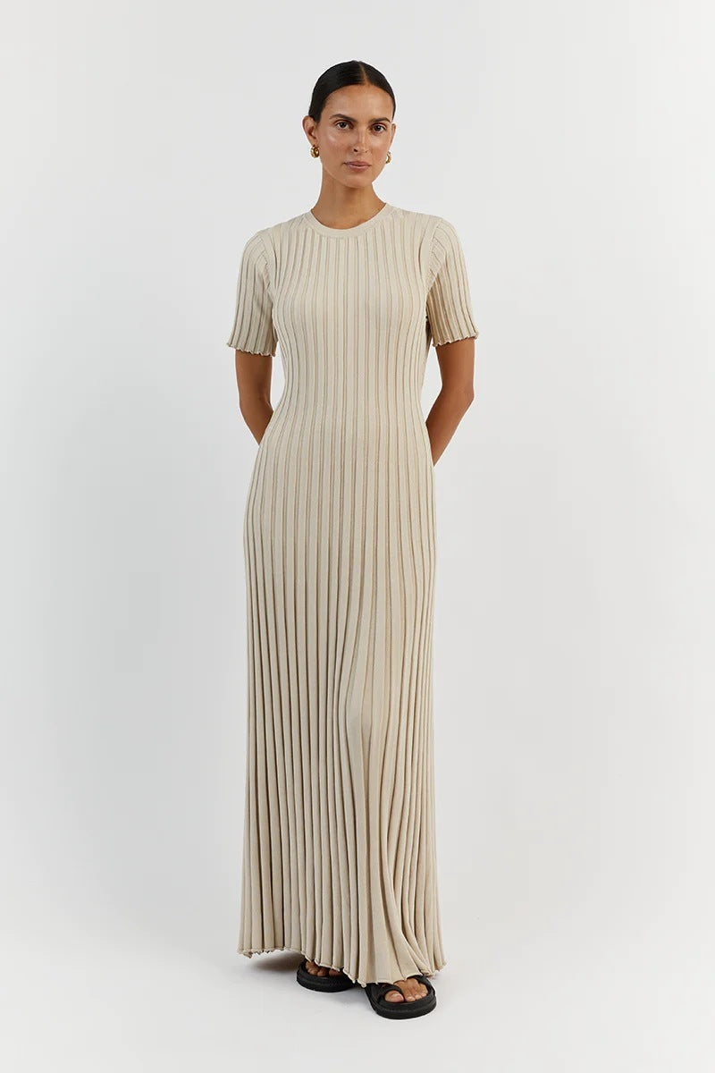 Knit Casual Tight Waist Round Neck Big Pit Stripe Slimming Knitted Long Dress Limorista