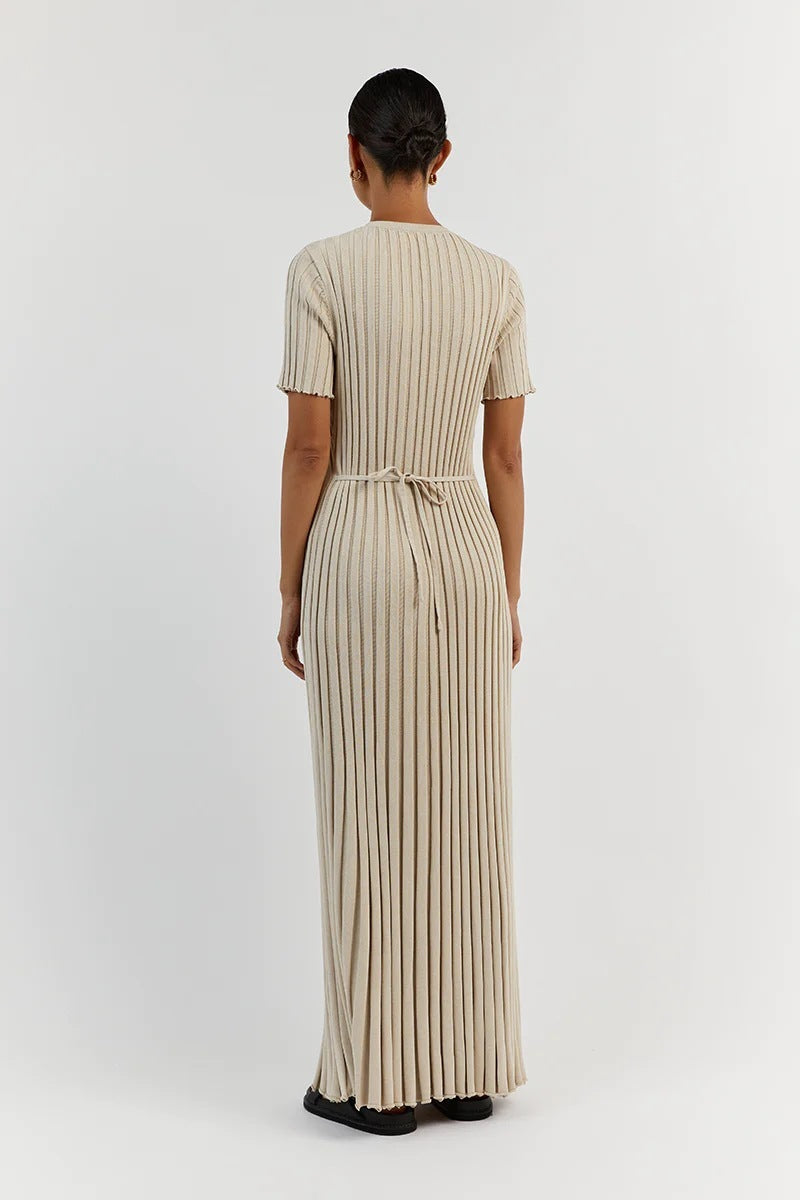Knit Casual Tight Waist Round Neck Big Pit Stripe Slimming Knitted Long Dress Limorista