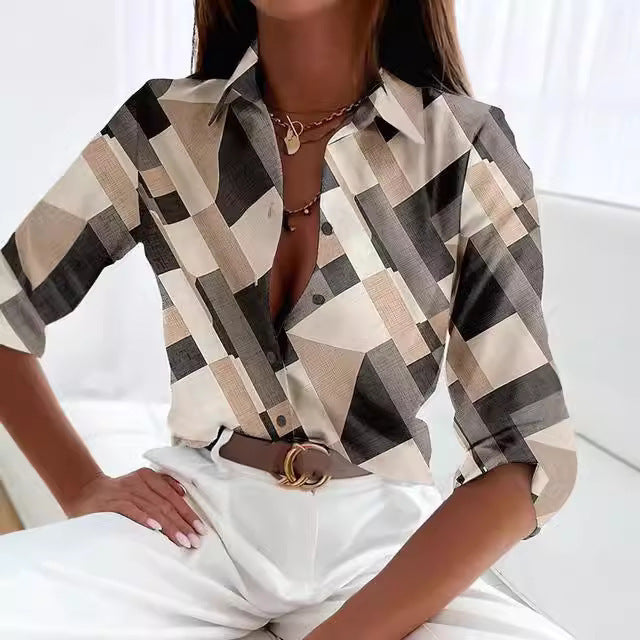 Long Sleeve Button Loose Geometric Digital Printing Shirt Limorista