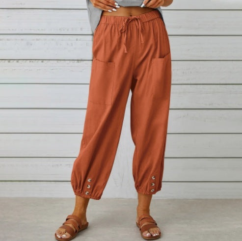 Loose High Waist Button Cotton And Linen Trousers Cropped Pants Wide Leg Women&