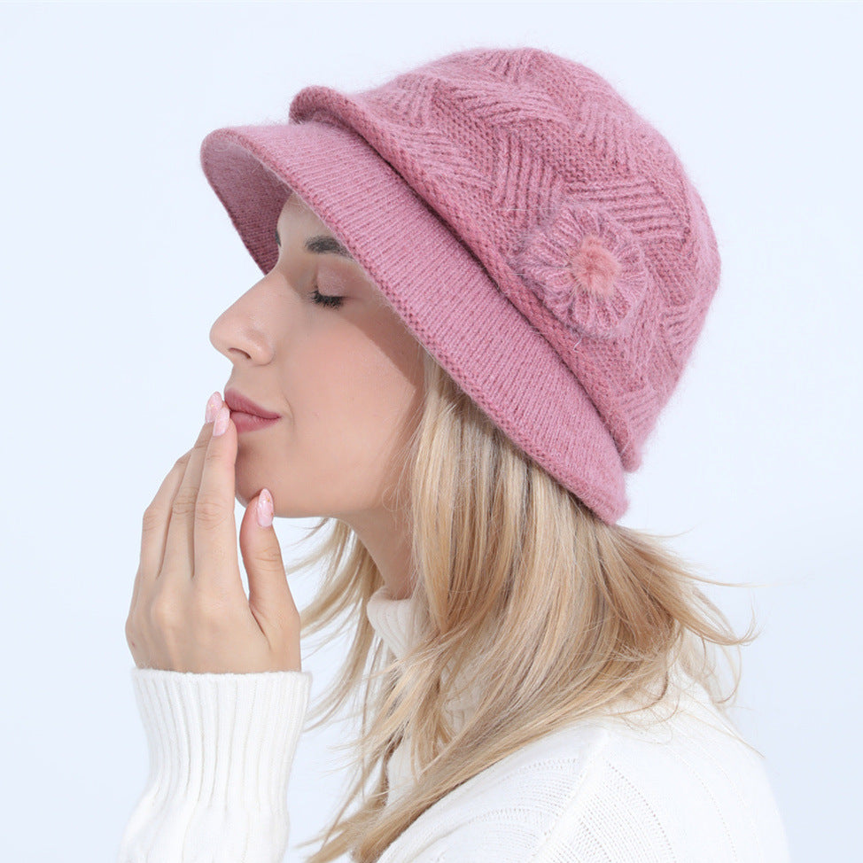 Knitted Hat New Ladies Autumn And Winter Flowers Mother Rabbit Woolen Pot Hat Plus Velvet Limorista