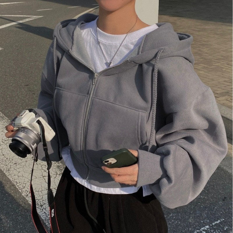 Velvet Padded All-matching Short Slim-fit Zipper Warm Navy Blue Hooded Sweater Limorista