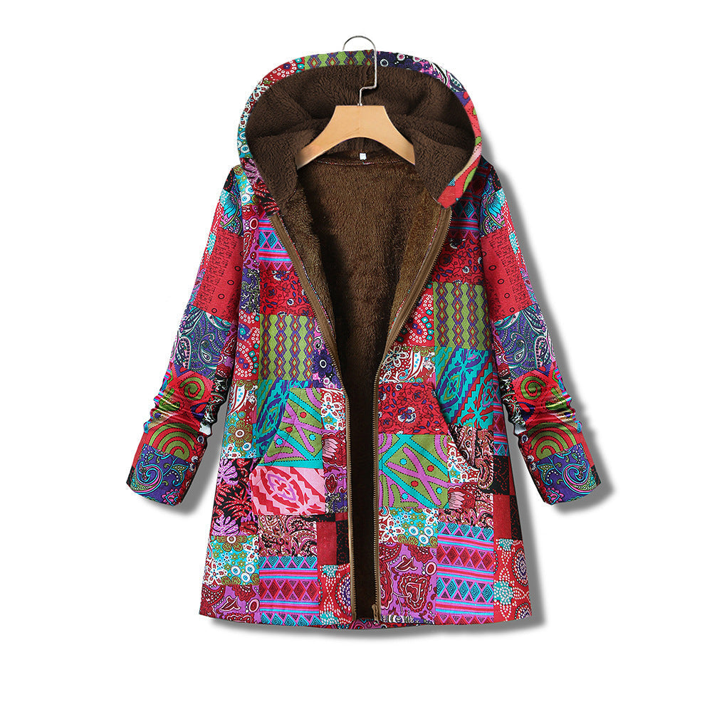 Printed cotton linen Hooded Coat zipper Limorista