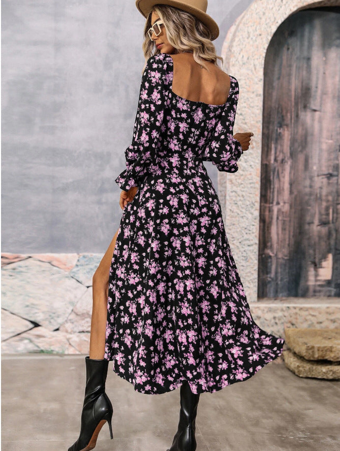 Flowers Printing Long Sleeve Dress Fashion Square-neck Bottom Slit Dresses Womens Clothing - Limorista