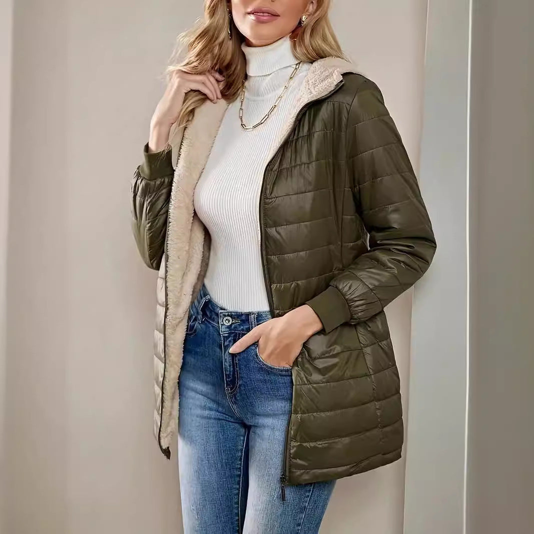 Mid-length Loose Hooded Fleece-lined Quilted Cotton Jacket Limorista
