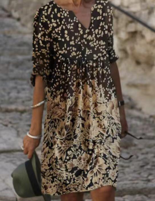 Printed Pullover Short Sleeve V-neck Large Swing Dress Limorista