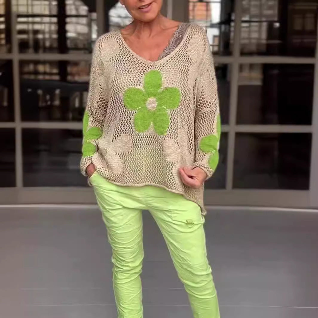 Limorista - Floral Knitted Hollow Out V-neck Shirt