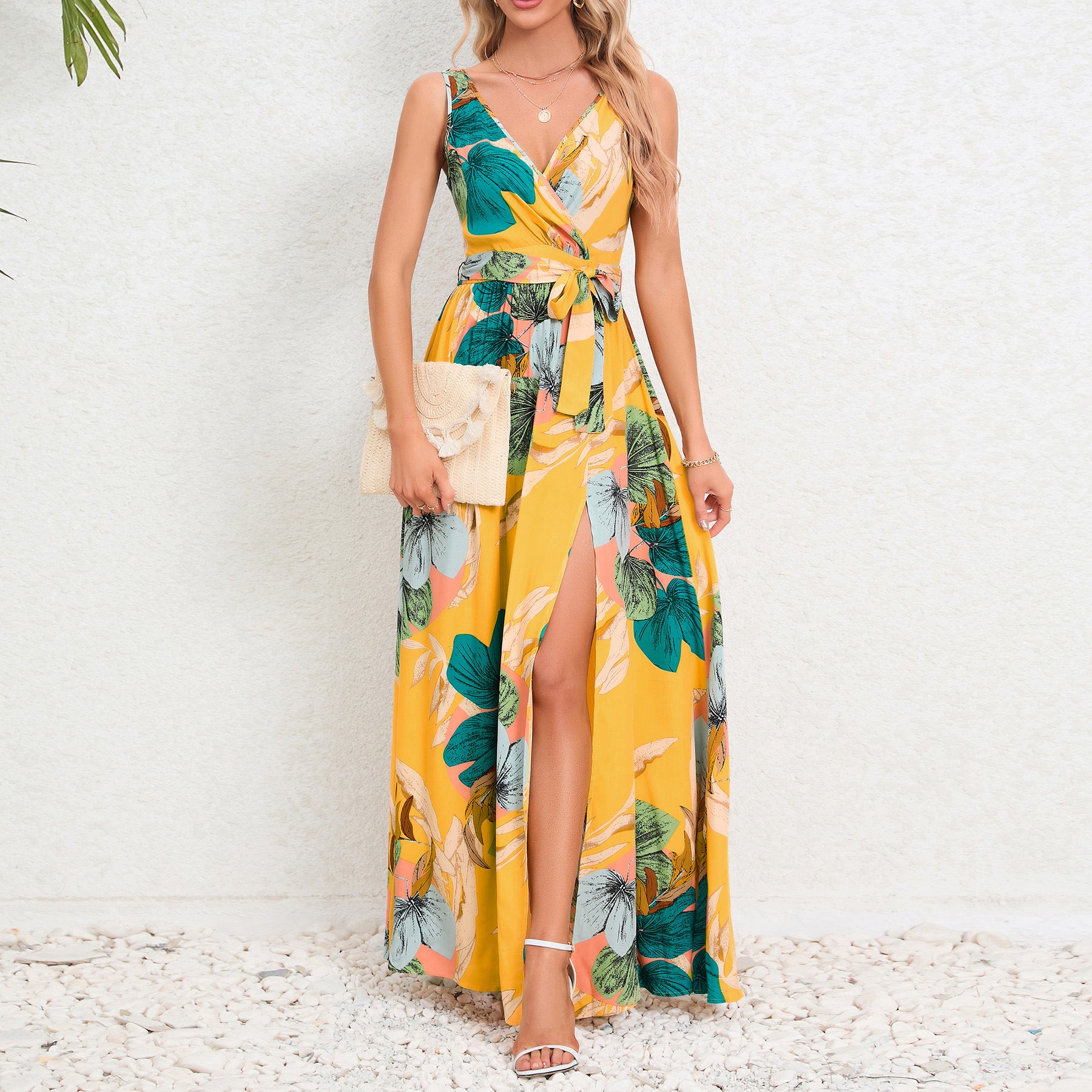 V-neck Floral Print Long Dress Summer Fashion Waist Tie Slit Design Sleeveless Dress For Womens Clothing Limorista
