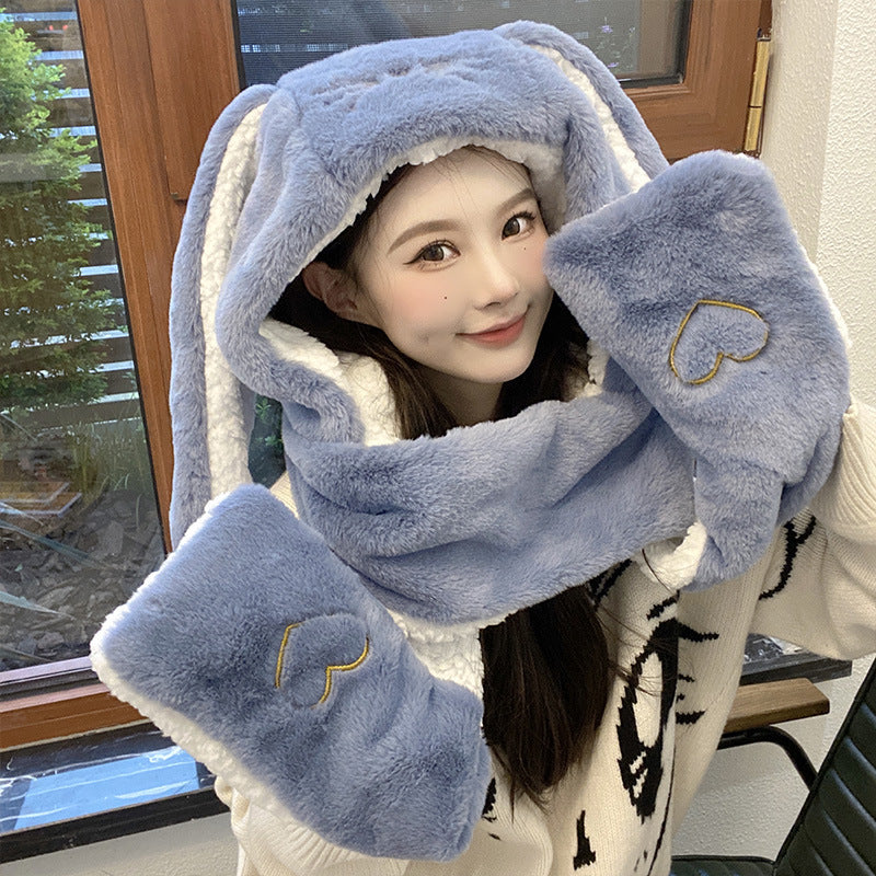 Big Long Rabbit Ears Fleece-lined Warm Hat And Scarf Limorista