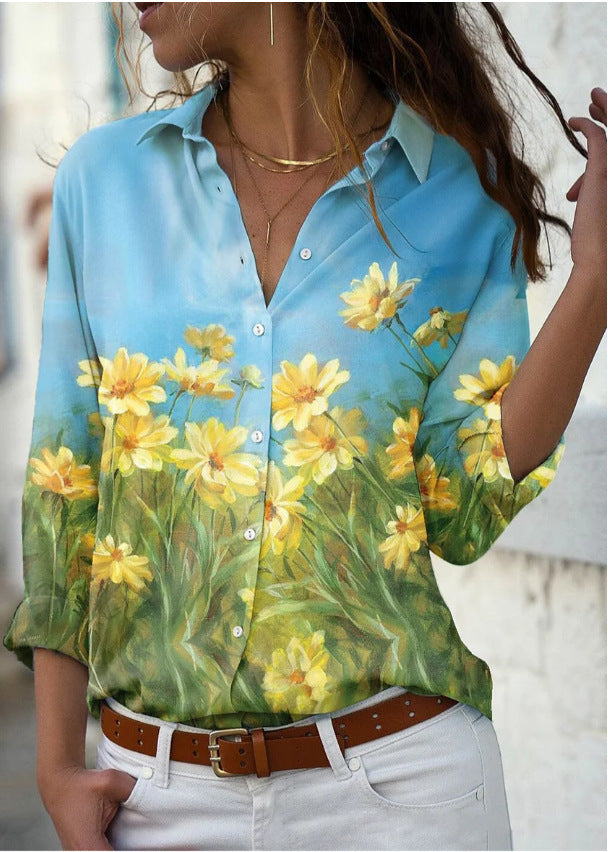 Limorista - Long Sleeve Floral Collar Loose Casual Shirt