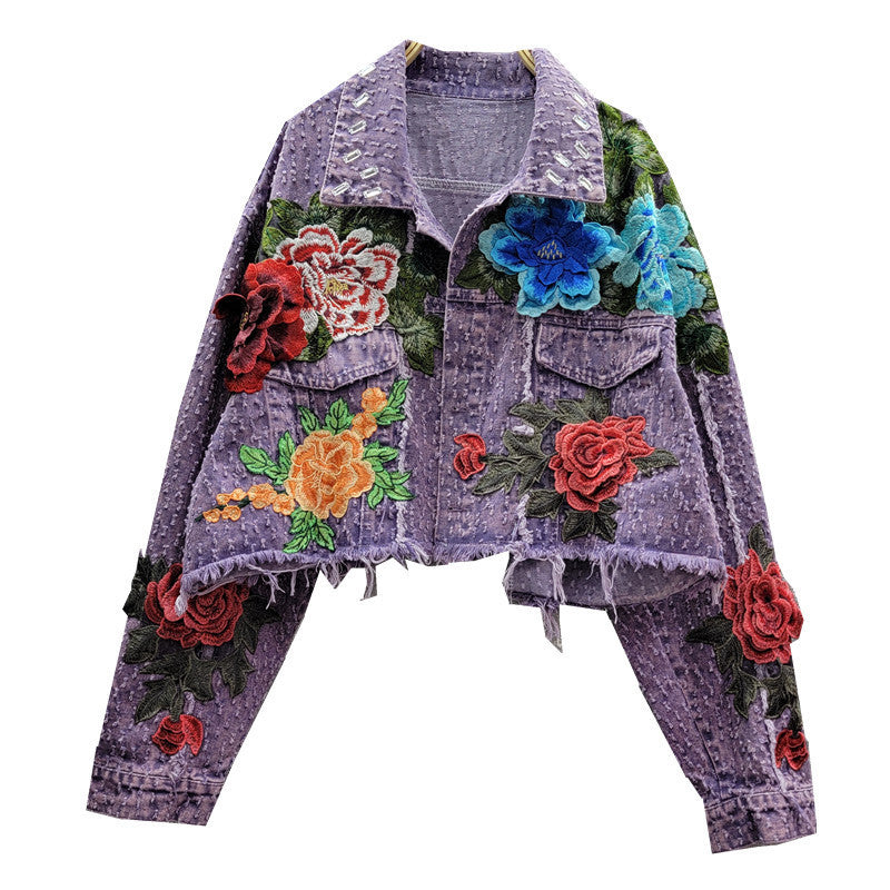 Design Sense Heavy Industry Three-dimensional Flower Short Frayed Hem Casual Denim Coat Limorista