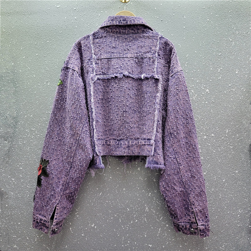 Design Sense Heavy Industry Three-dimensional Flower Short Frayed Hem Casual Denim Coat Limorista