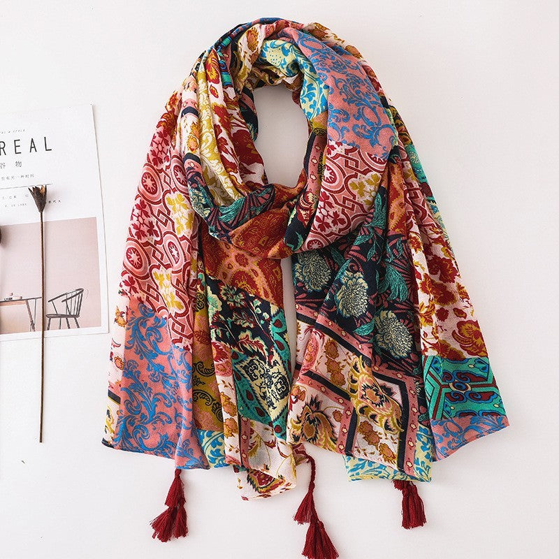 Japanese Style Artistic Fresh Cotton And Linen Scarf Retro Patchwork Bohemian Cashew Print Limorista
