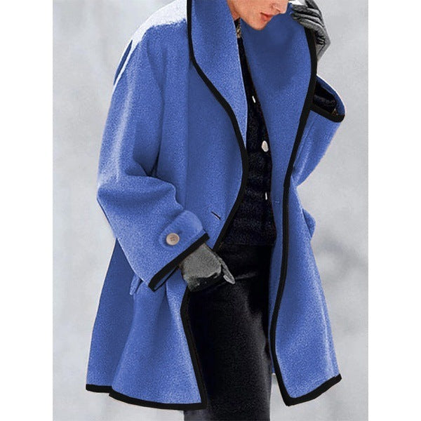 Multicolor Round Neck Loose Hooded Woolen Coat Limorista