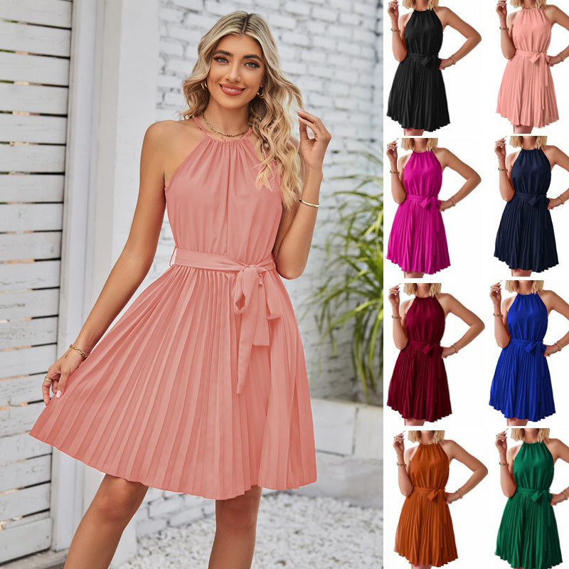 Halter Strapless Dresses For Women Solid Pleated Skirt Summer Beach Sundress Limorista
