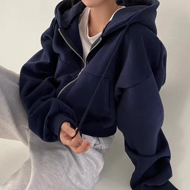 Velvet Padded All-matching Short Slim-fit Zipper Warm Navy Blue Hooded Sweater Limorista
