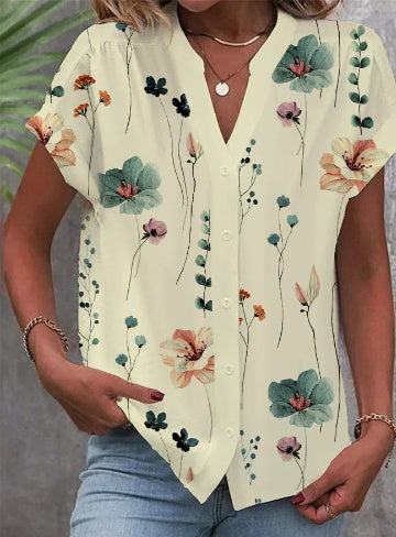 Casual Stand Collar Short Sleeve Regular Cardigan Digital Printing Top Shirt Limorista