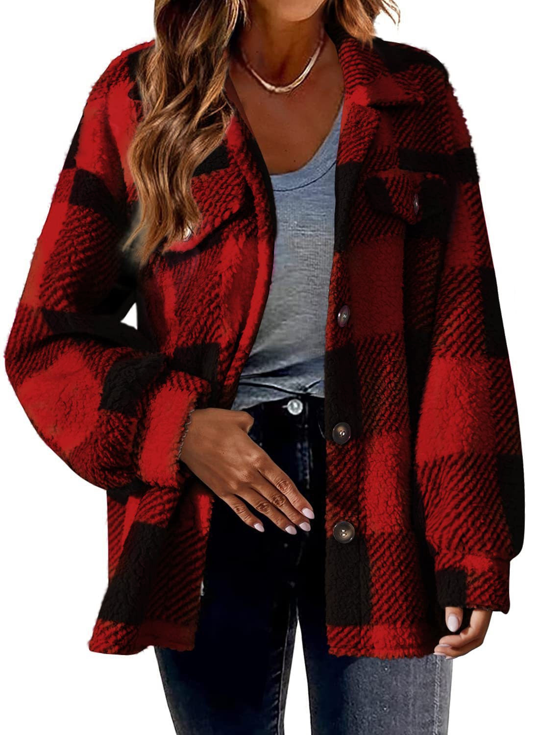 Turndown Collar Plaid Jacket With Pockets Single Breasted Button Down Woolen Jacket Autumn And Winter Clothes For Women Limorista