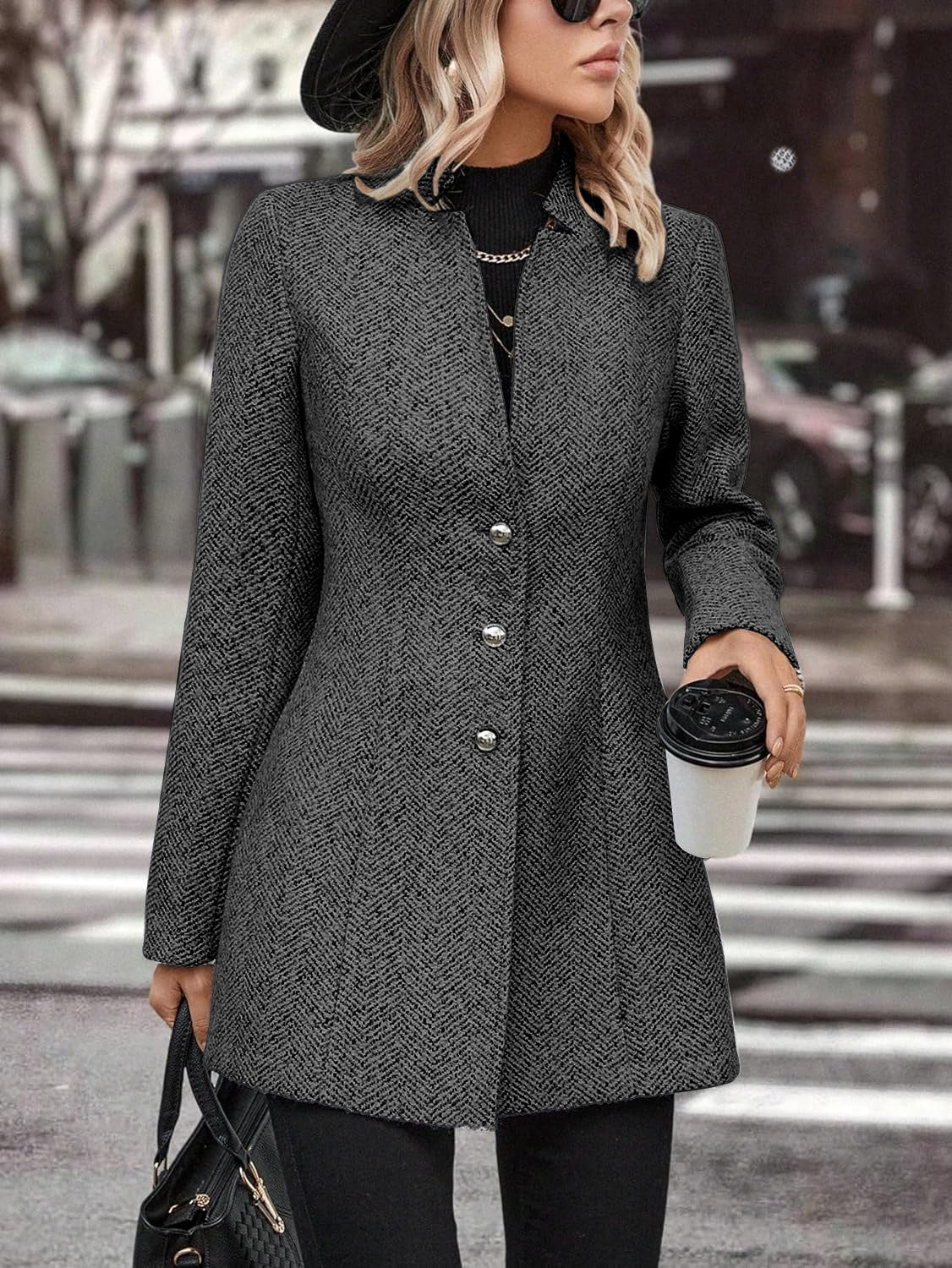 Long Sleeve Solid Color Stand Collar Button Trench Coat Fashion Women&