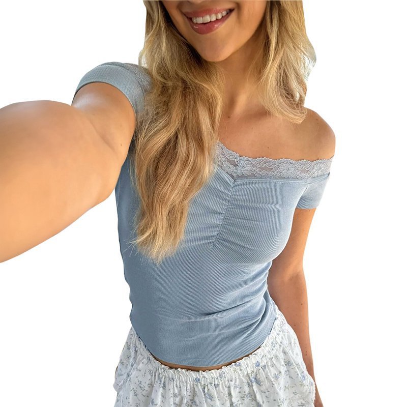 Solid Color Sleeveless Off-neck Lace Top Limorista