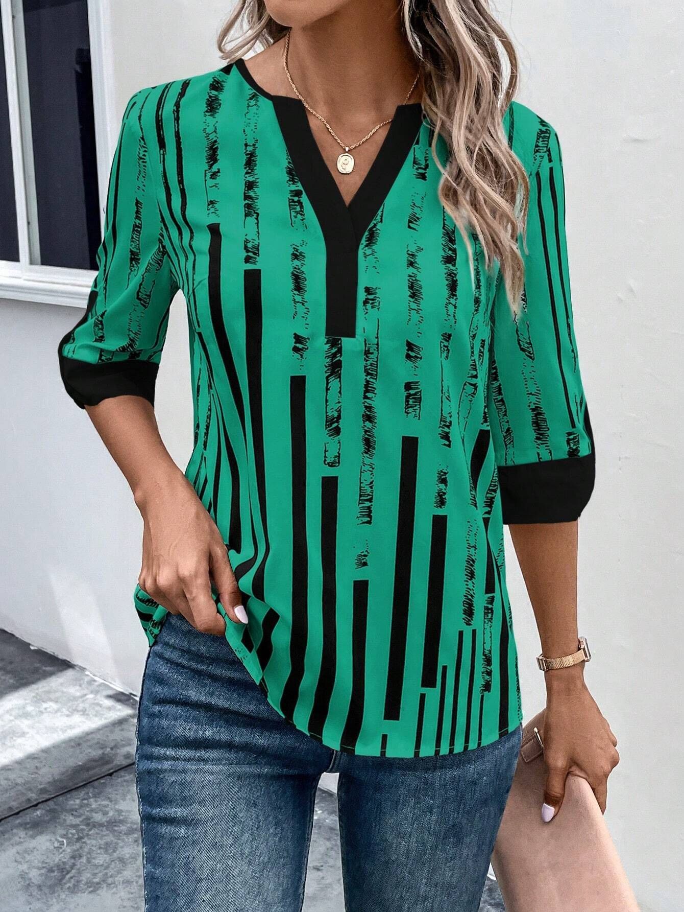 Double Matching Contrast Color Positioning Flower Half-sleeve Shirt Women&