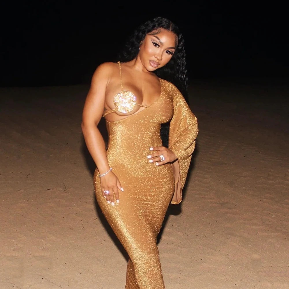 V-neck One-shoulder Flared Long Sleeve Bandage Dress Limorista