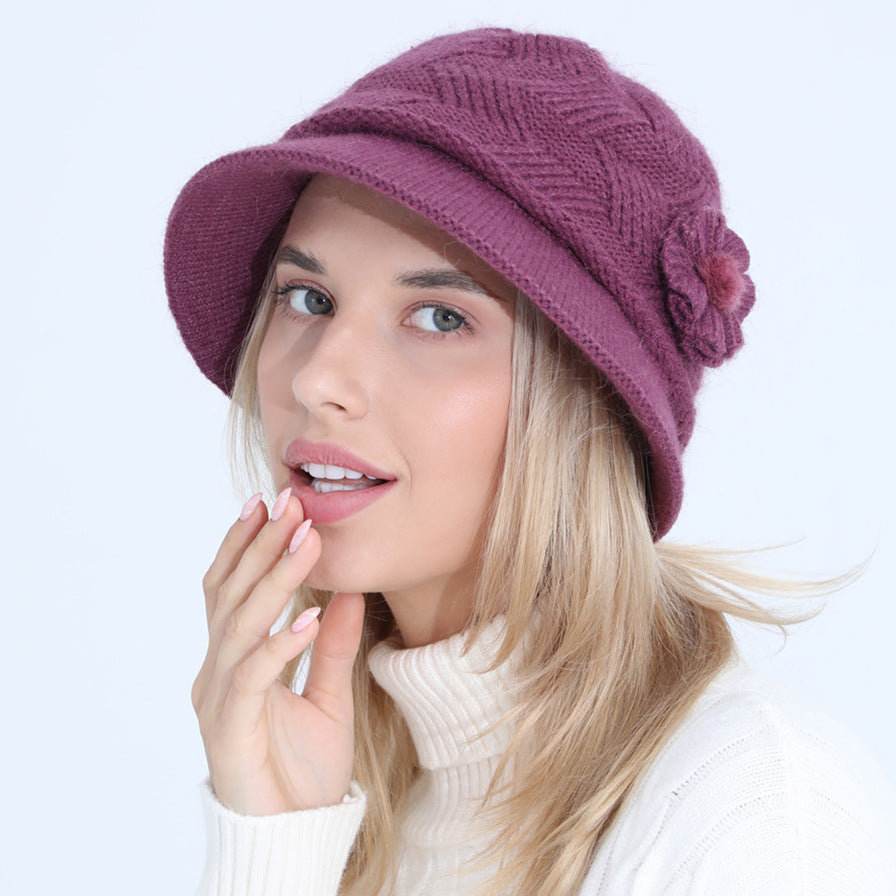 Knitted Hat New Ladies Autumn And Winter Flowers Mother Rabbit Woolen Pot Hat Plus Velvet Limorista