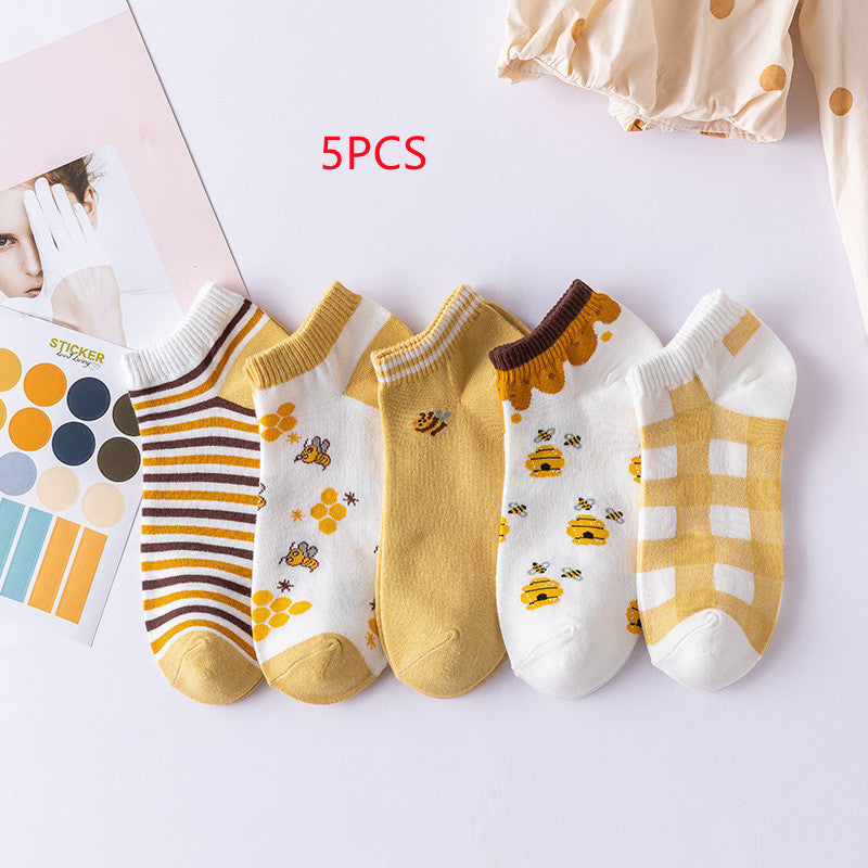 Cartoon Little Bee Boat Socks Pure Female Embroidery Combed Cotton Socks Limorista