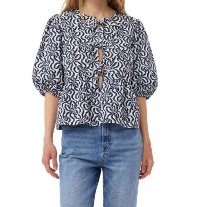 Limorista - Fashion Printed Shirt Half Sleeve Lace-up Top