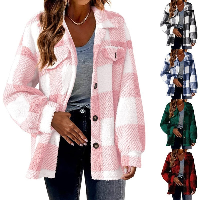 Turndown Collar Plaid Jacket With Pockets Single Breasted Button Down Woolen Jacket Autumn And Winter Clothes For Women Limorista