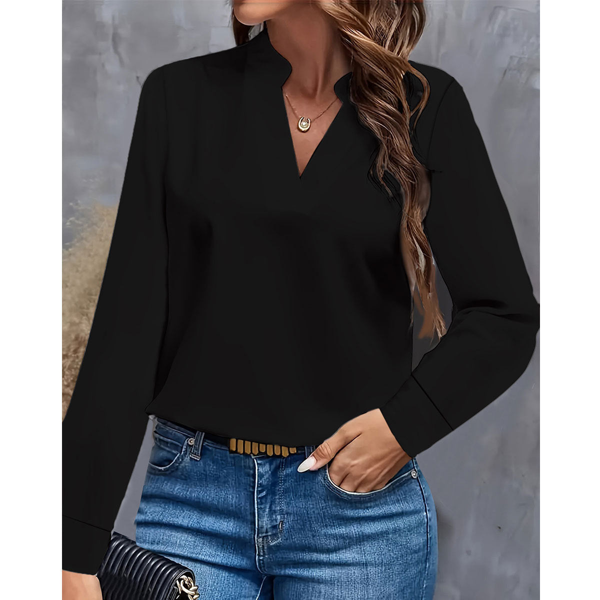 Simple Casual Solid Color And V-neck Loose Shirt Women&