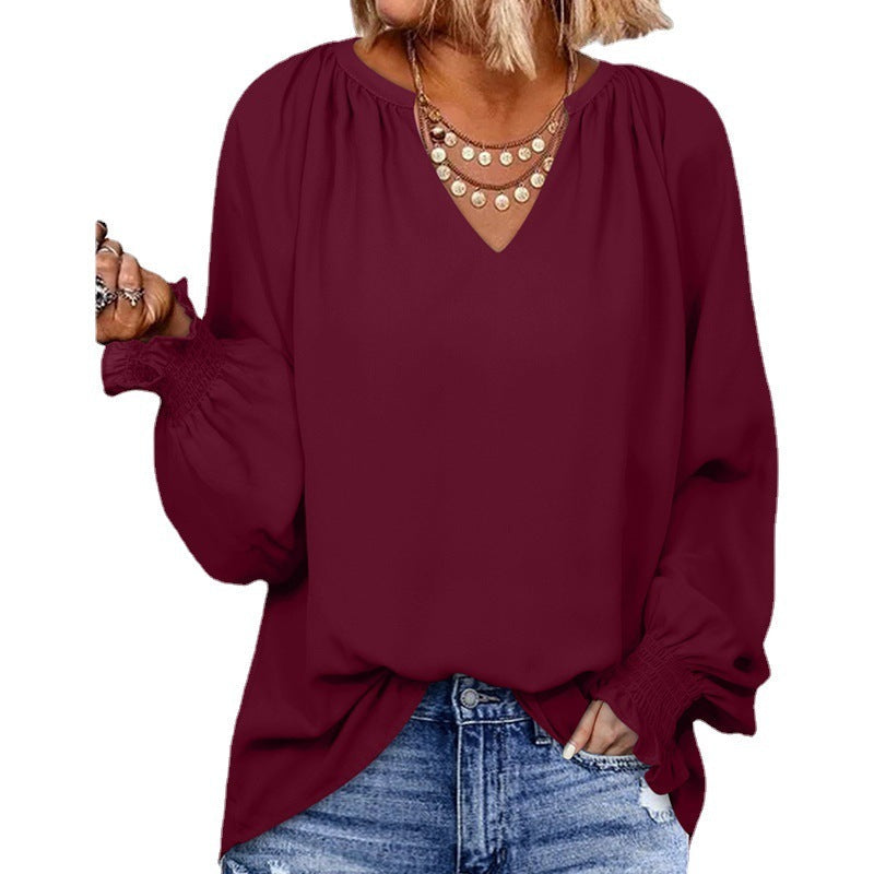 Autumn And Winter Solid Color Simple Cuff Smocking V-neck Women&
