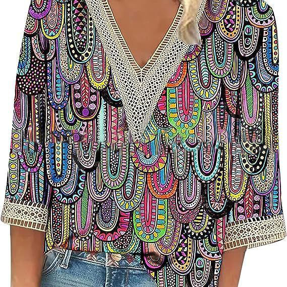 Wear Loose New Floral Print Stitching Lace Half Sleeve V-neck T-shirt Limorista