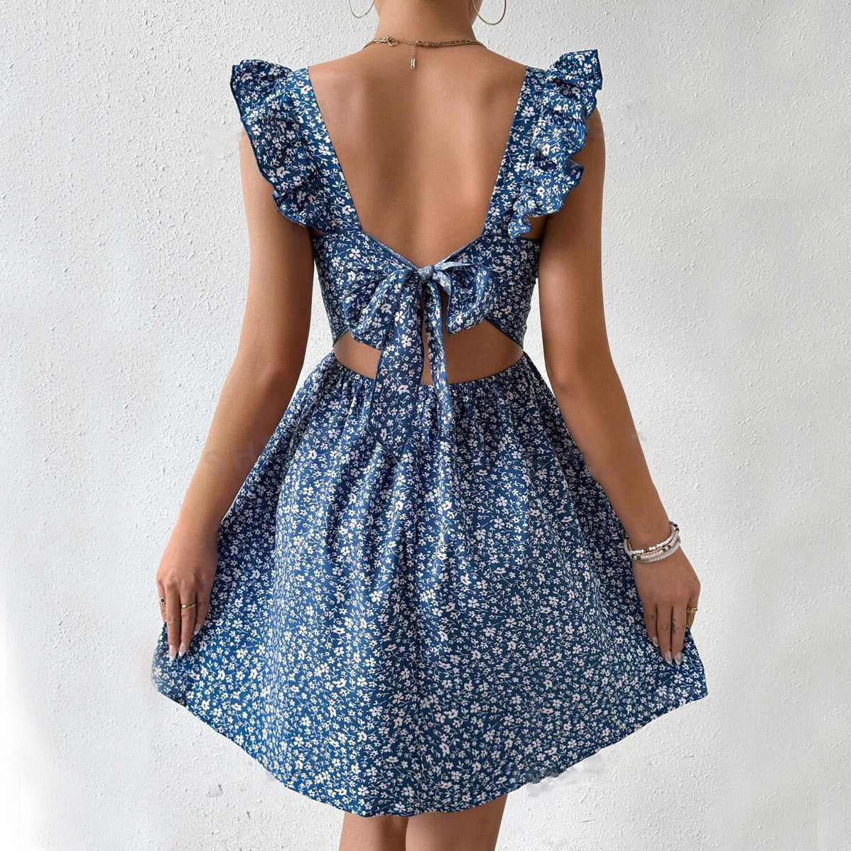 Summer Square-neck Ruffled Sleeveless Dress With Bow-tie Backless Design Fashion Casual Holiday Beach Dresses For Womens Clothing Limorista