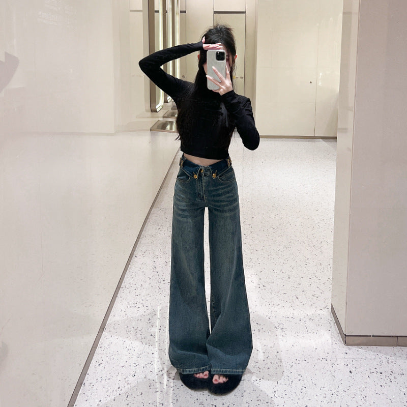 Retro Blue Flared Straight Jeans For Women Autumn And Winter Slimming Pear-shaped Body Pants Limorista