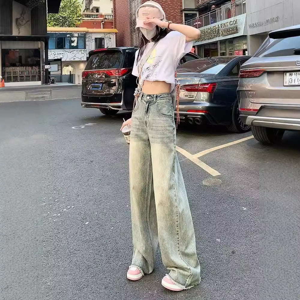 Retro Cement Yellow Straight Wide-leg Jeans For Women Spring And Summer New Loose Slim High Waist Drape Long Pants Limorista